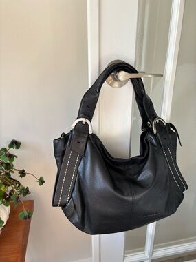 Black Leather Shoulder Hobo with Contrast Stitching